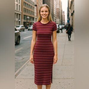 Dee Elly Maroon Striped Ribbed Y2K Style Dress Sz Small